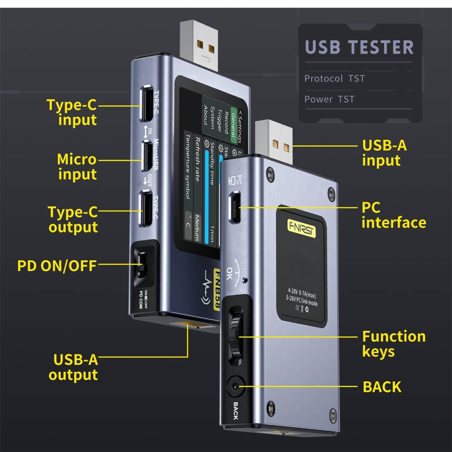 FNIRSI USB Tester 4-28V 7A LCD USB A&C Voltage Current Tester