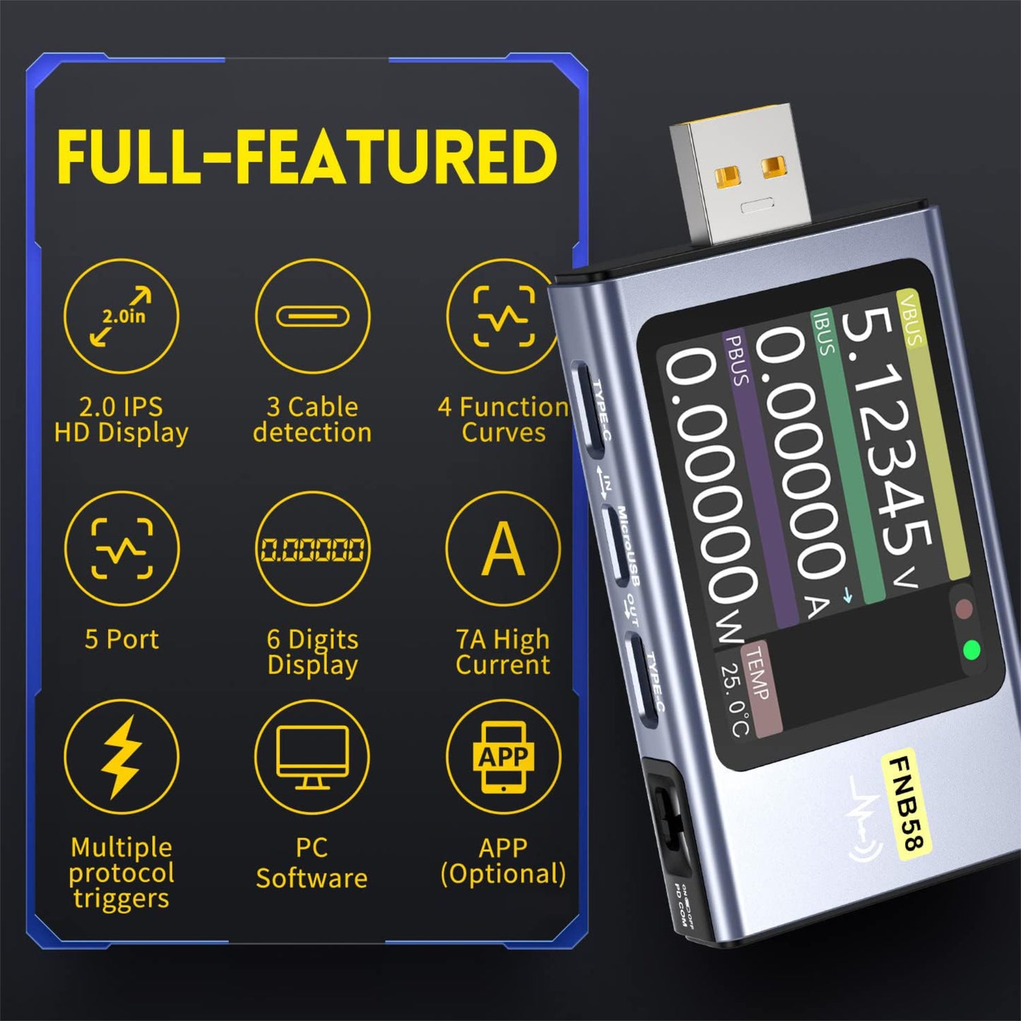 FNIRSI USB Tester 4-28V 7A LCD USB A&C Voltage Current Tester