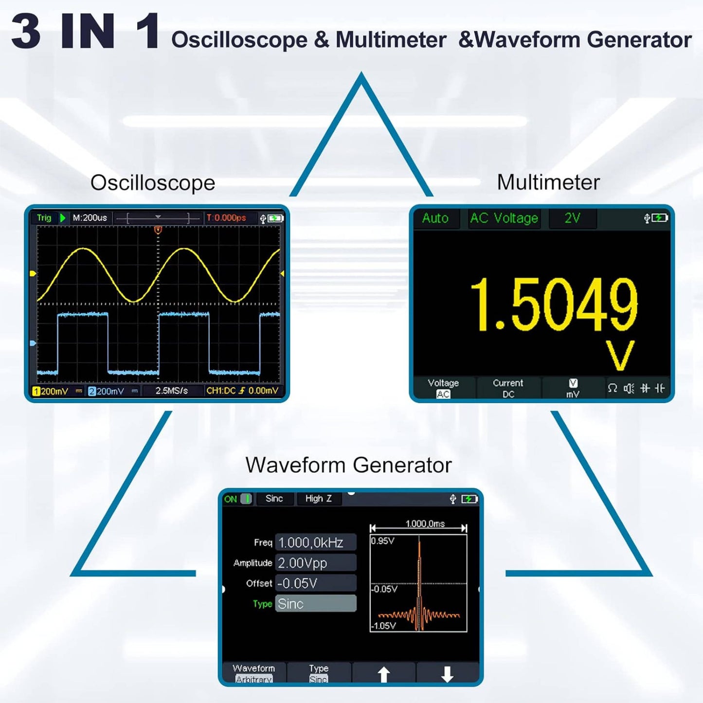 HANMATEK 3 in 1 Handheld Oscilloscope, Multimeter and 100Mhz Waveform Generator