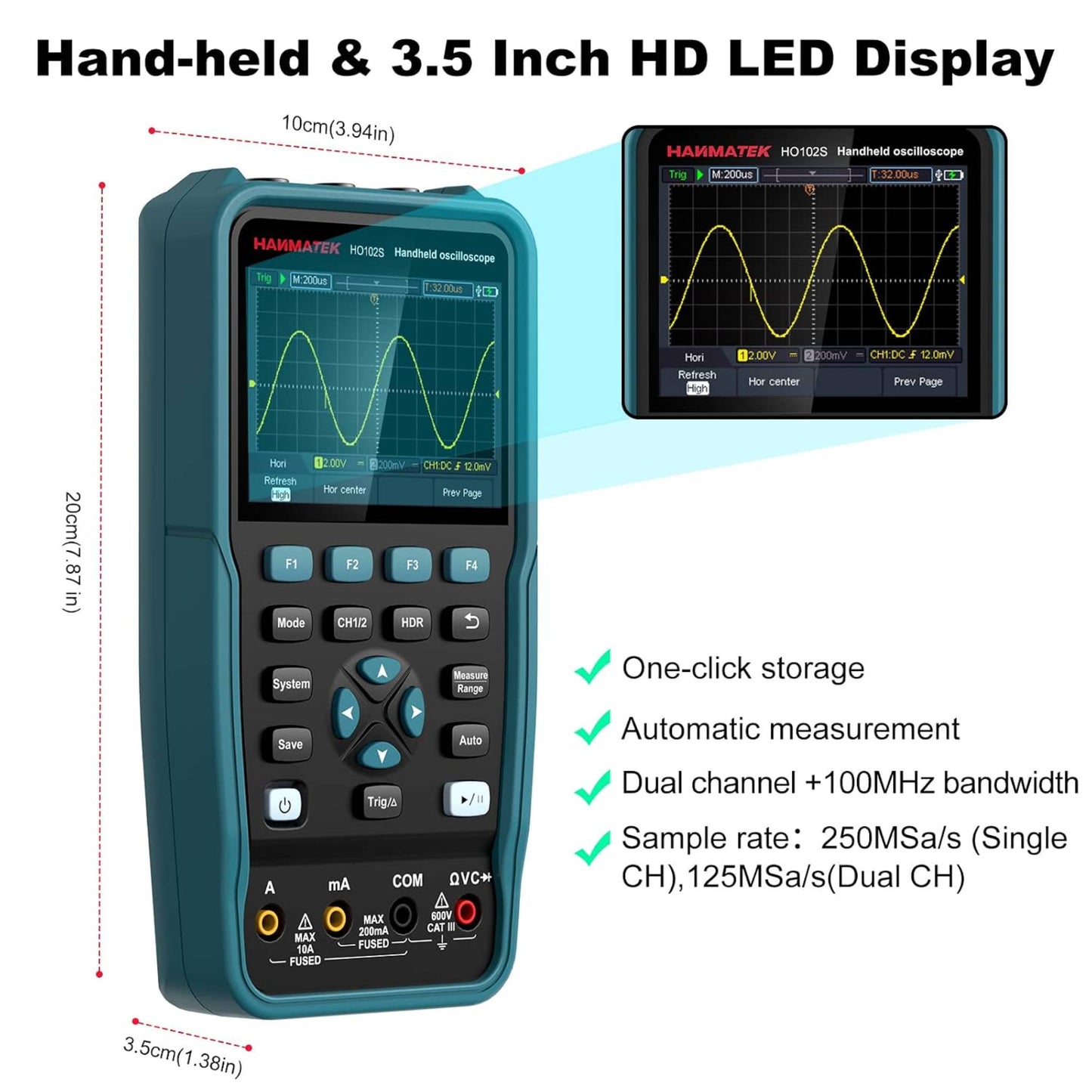 HANMATEK 3 in 1 Handheld Oscilloscope, Multimeter and 100Mhz Waveform Generator