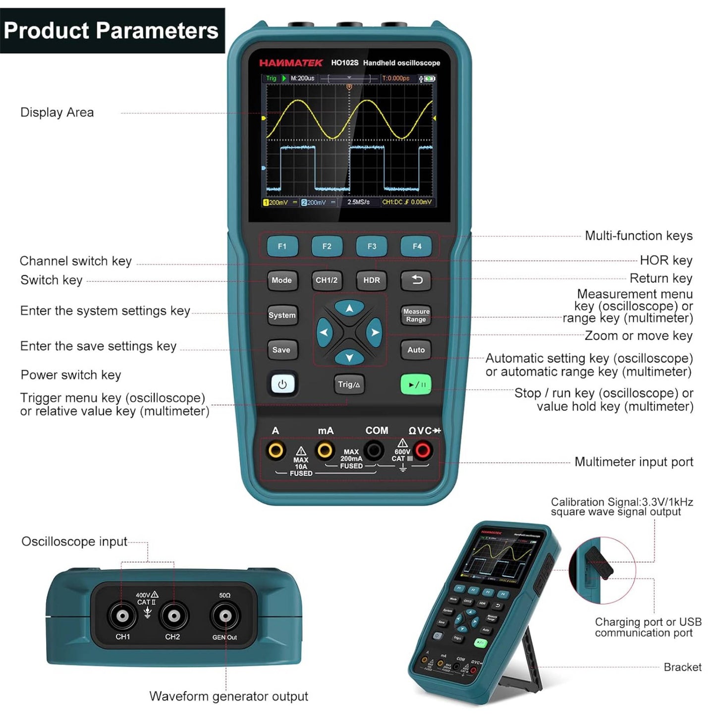 HANMATEK 3 in 1 Handheld Oscilloscope, Multimeter and 100Mhz Waveform Generator