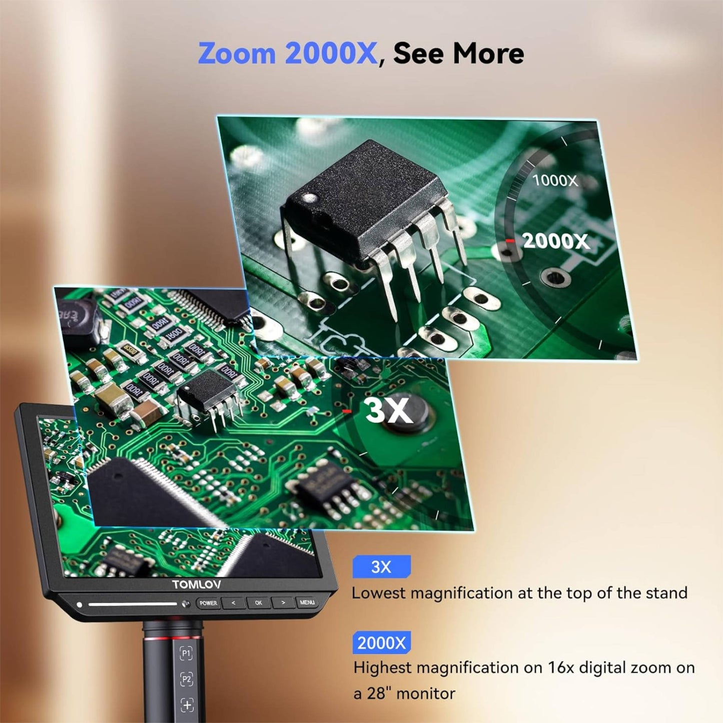TOMLOV TM4K-AF Flex 4K IPS Autofocus Microscope with Flexible Arm